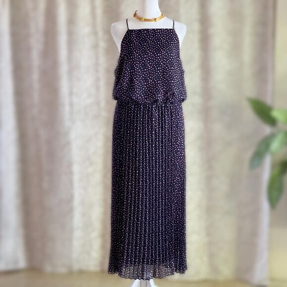 NWT Sam Edelman Chiffon Navy Blue & Pink Polka‎ Dot Pleated Maxi Dress Size 12 - Picture 1 of 8